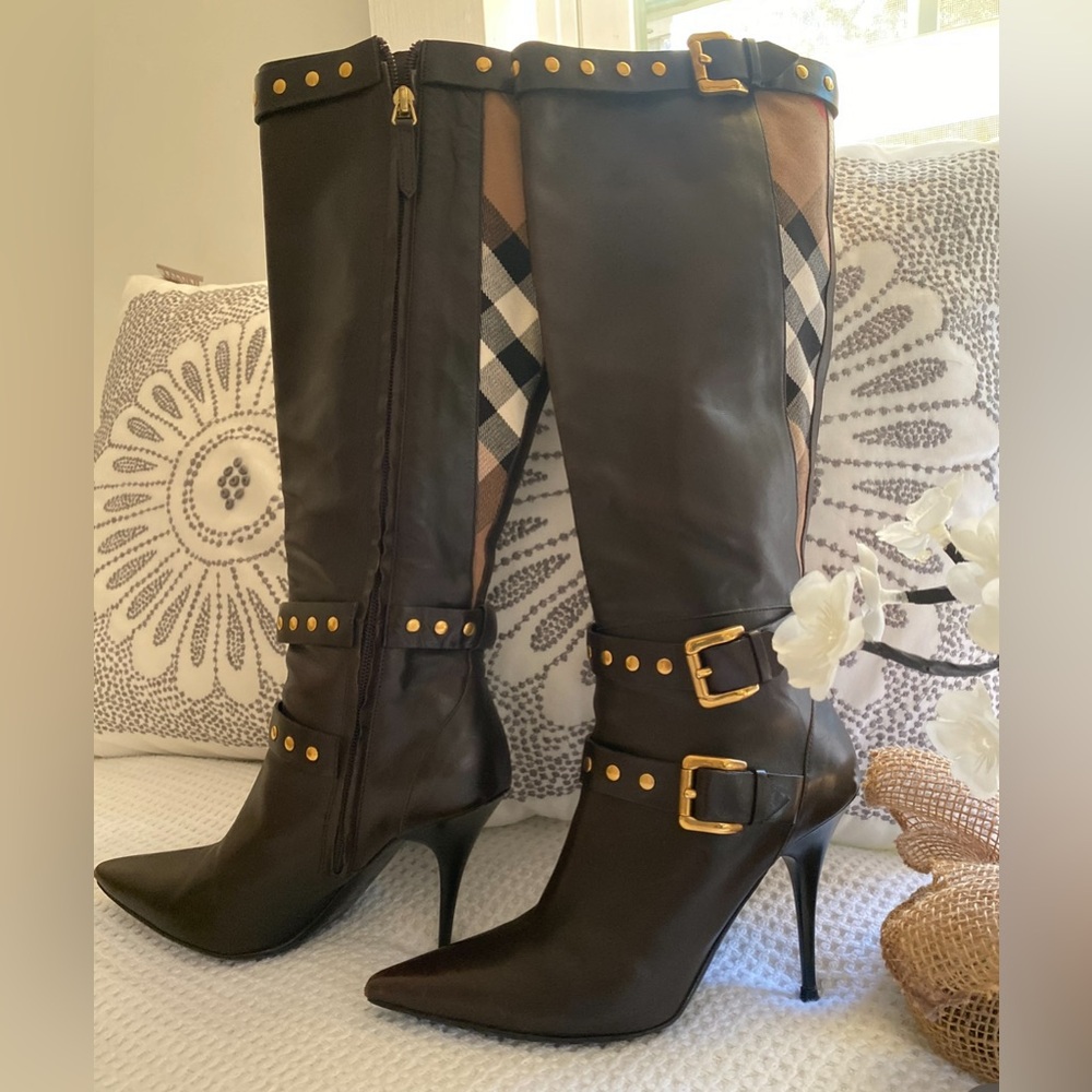 Burberry Black and Brown Plaid Heeled Boots - Picture 10 of 11